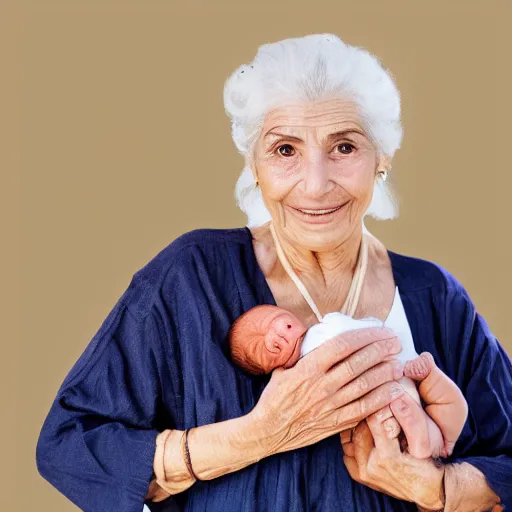 Image similar to 80 year old sentimental Mediterranean skinned woman in ancient Canaanite clothing holding a newborn baby, in the style of Corporate Memphis Alegria style