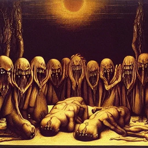 Image similar to Members of a cult gather and summon a Blood Moom, surreal, dark, detailed, intricate, made by Leonardo Da Vinci and H R Giger