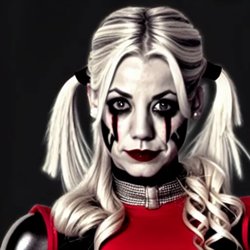 Image similar to A still of Kaley Cuoco as Harley Quinn