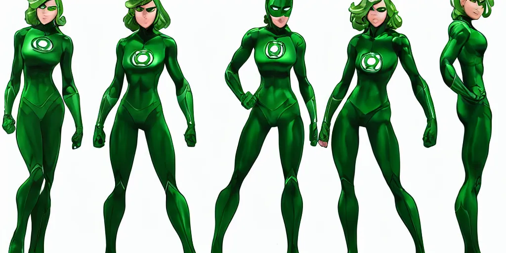 Image similar to full body exaggerated outfit, female green lantern character clean concepts by senior concept artist in the anime film, suit, powers, glowing, stronge, smooth, high detail, featured on artstation