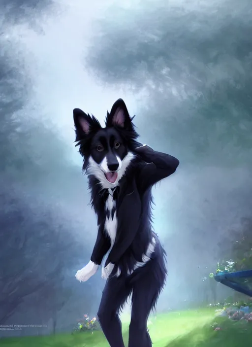 Image similar to wide angle beautiful full body portrait of a cute male anthropomorphic border collie fursona wearing a jacket in front of a park, character design by charlie bowater, henry asencio, and ross tran, furry art, furaffinity, scenic background, beautiful, fantasy, glamor pose, detailed, trending on artstation