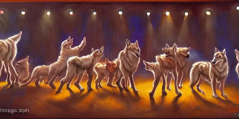 Image similar to wolves perfoming in the circus. long shot. oil paint. extremely high detail