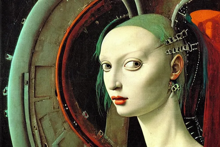 Prompt: close up portrait of a punk goth alien martian girl in a fluorescent cyberpunk futuristic city, oil painting by canaletto hieronymus bosh leonardo da vinci piero della francesca botticelli