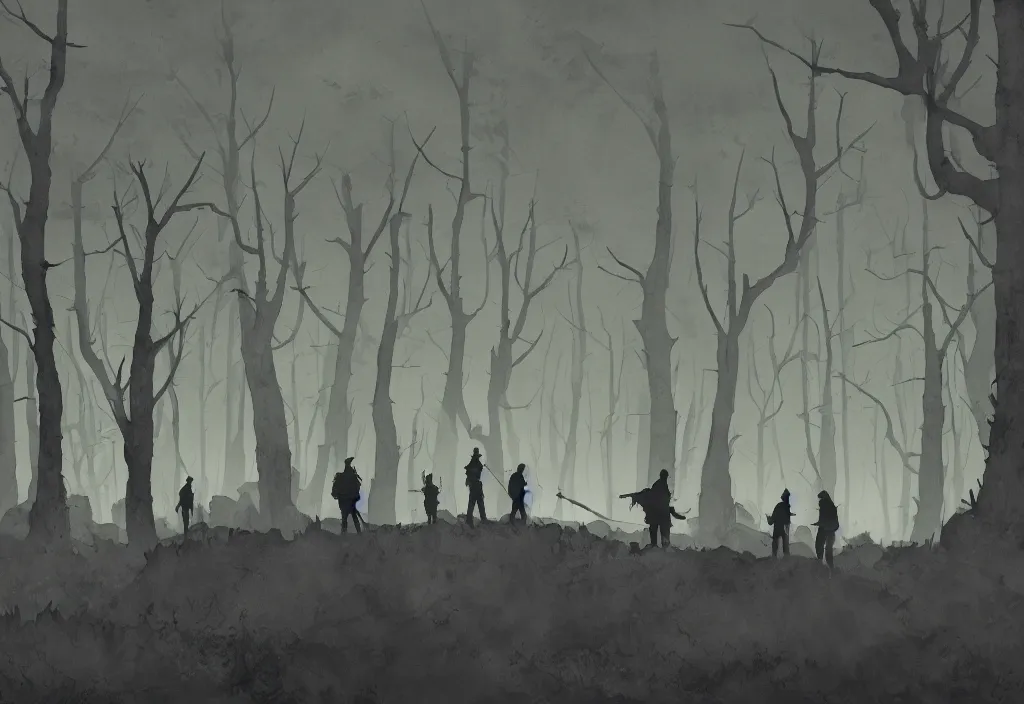 Prompt: handmade illustration of a bleak landscape, line art, ink, some small silhouetted medieval men among the trees, watercolor by Kilian Eng and by Jake Parker, winning-award masterpiece, fantastic, octane render, 8K HD Resolution, High quality image