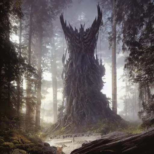 Image similar to a giant creature toweringover the forest, 8 k octane beautifully detailed render, post - processing, extremely hyper - detailed, intricate, epic composition, cinematic lighting, masterpiece, trending on artstation, masterpiece, stunning art by anders zorn, wonderful masterpiece by greg rutkowski, beautiful cinematic