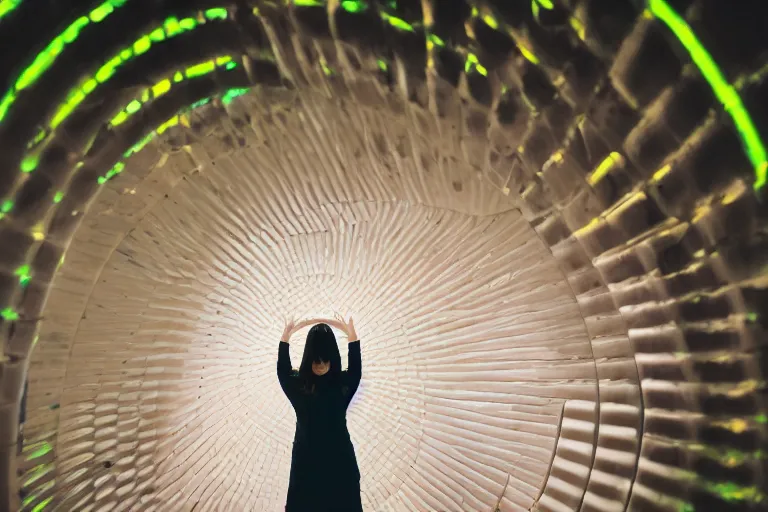 Image similar to A photograph of a woman standing in a snail-spiral-shaped interior space with her back to the camera， an arched door glowing white at the end, neon colors,F3.5,ISO640,18mm,1/60,Canon EOS 90D.