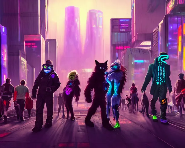 Image similar to high - resolution photograph from a cyberpunk era furry fandom convention ( midwest furfest 2 0 4 7 ), taking place after the genetic revolution and singularity. photorealistic.