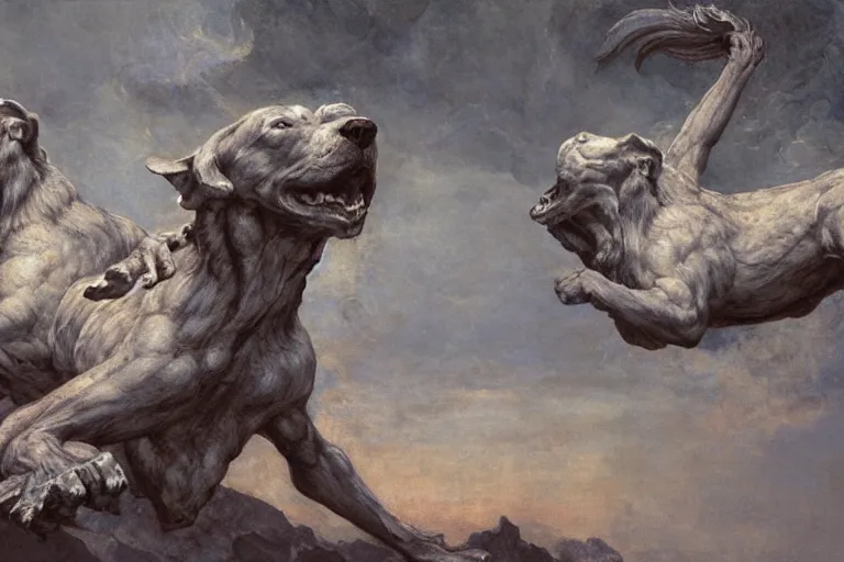 Image similar to hyperdetailed matte art of cerberus by william blake, ilya repin, amano, rene magritte, craig mullins, three headed dog, details