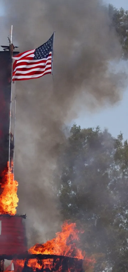 Prompt: american flag being burnt as a much larger USSR flag is being raised up instead, realistic, 4K, real,