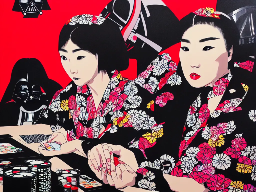 Image similar to hyperrealism composition of the detailed woman in a japanese kimono sitting at an extremely detailed poker table with darth vader, fireworks on the background, pop - art style, jacky tsai style, andy warhol style, acrylic on canvas