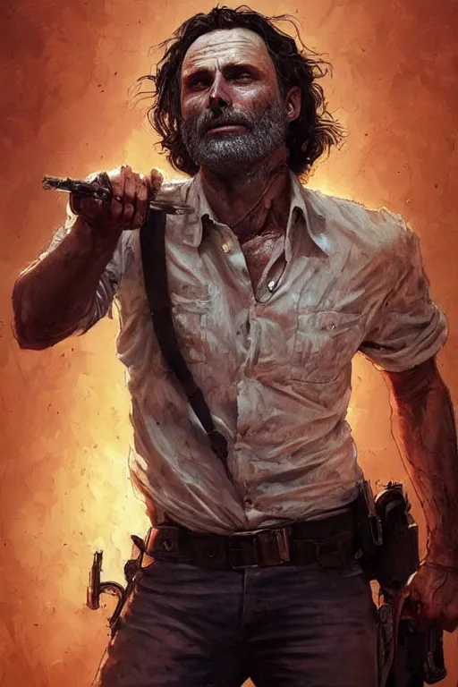 Image similar to beautiful portrait of walking dead rick grimes zombie by terry o'neill intricate, elegant, highly detailed, digital painting, glowing skin, artstation, concept art, soft, sharp focus, bright lighting, illustration, art by artgerm and greg rutkowski and alphonse mucha