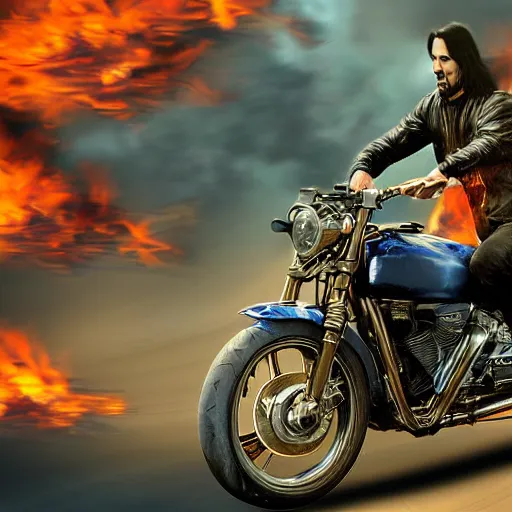 Image similar to Keanu reeves Riding a motorcycle Through Fire digital art 4K detail