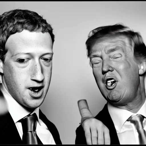 Prompt: 3 5 mm photograph of mark zuckerberg and donald trump having a fart war