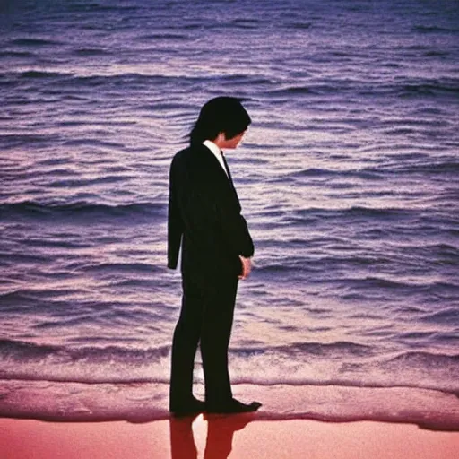 Image similar to japanese man with long hair in a suit standing in the ocean looking at the camera, wide shot, far!!!!!!! away, zoomed out, distance!!!!!!! shot, sunset, centered, album cover, 1980, tatsuro yamashita, ride on time