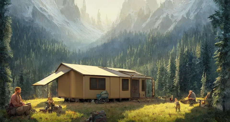 Image similar to cabela's beautiful comfortable community of modular insulated wall container home kit - house all weather family dwelling tent house, person in foreground, mountainous forested wilderness open fields, beautiful views, painterly concept art, environmental concept art, concept art illustration, by james gurney, by craig mullins, by greg rutkowski trending on artstation