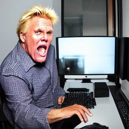 Image similar to gary busey screaming at a desktop computer in 1 9 9 9, ( sony a 7 r iv, symmetric balance, polarizing filter, photolab, lightroom, 4 k, dolby vision, photography awardm, voque, perfect face )