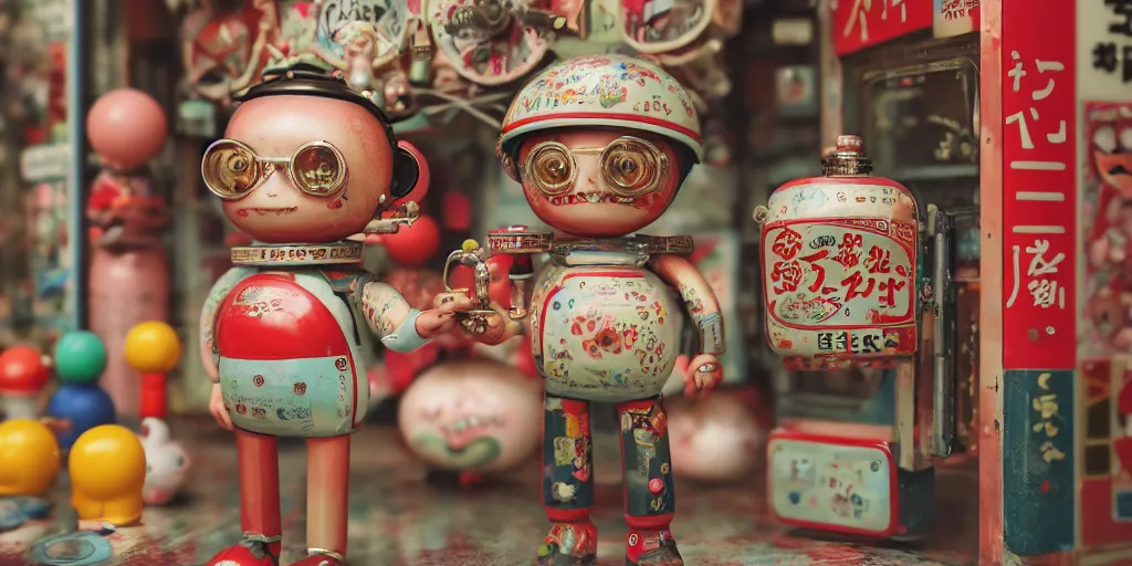 Image similar to closeup portrait of tin toy retro tokyo corner store, depth of field, zeiss lens, detailed, centered, photoshoot, by nicoletta ceccoli, mark ryden, lostfish, breathtaking, 8 k resolution, extremely detailed, beautiful, establishing shot, artistic, hyperrealistic, octane render, - h 8 0 4