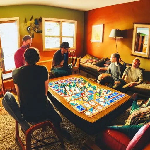 Prompt: wide angle photograph of llamas playing a boardgame, settlers of catan, living room