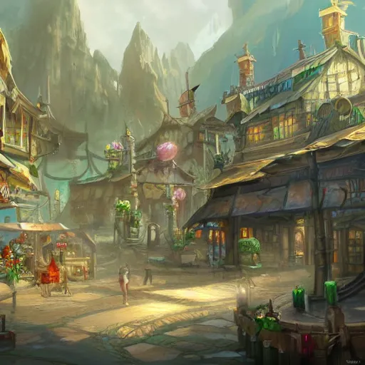 Prompt: the market district in the tribal cloud village, fantasy concept art, 4k, by Tyler Edlin