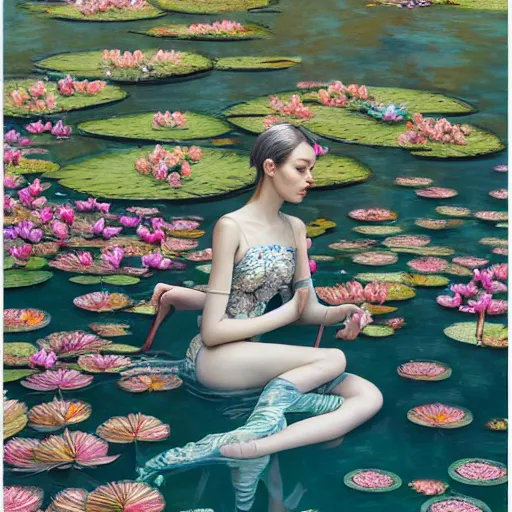 Image similar to pretty model with water lilies : : by martine johanna and simon stalenhag and chie yoshii and casey weldon and wlop : : ornate, dynamic, particulate, rich colors, intricate, elegant, highly detailed, vogue, harper's bazaar art, fashion magazine, smooth, sharp focus, 8 k, octane render