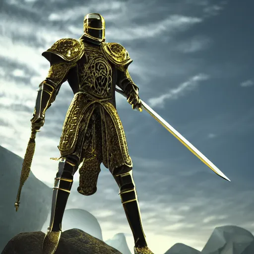 Prompt: knight in shiny gold armor holding diamond sword standing on a rock 8k,detailed, cinematic, concept art, arstation