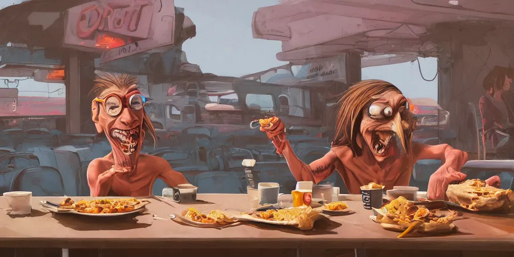 Prompt: cartoonish iggy pop having breakfast at the drive inn, vivid colors, character sheet, fine details, concept design, contrast, kim jung gi, greg rutkowski, trending on artstation, 8 k, full body, turnaround, front view, back view, ultra wide angle