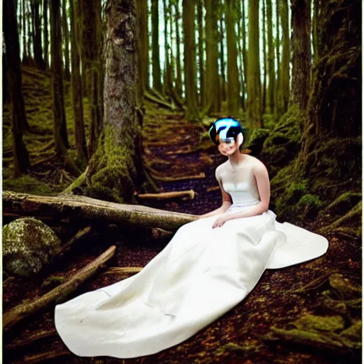 Image similar to photo of emma watson wearing a rainbow wedding gown sitting in a forest