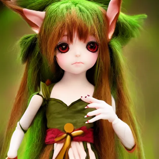 Image similar to hyper kawaii anime elf doll, druid theme, somber portraits, pursed lips, green eyes, bokeh background