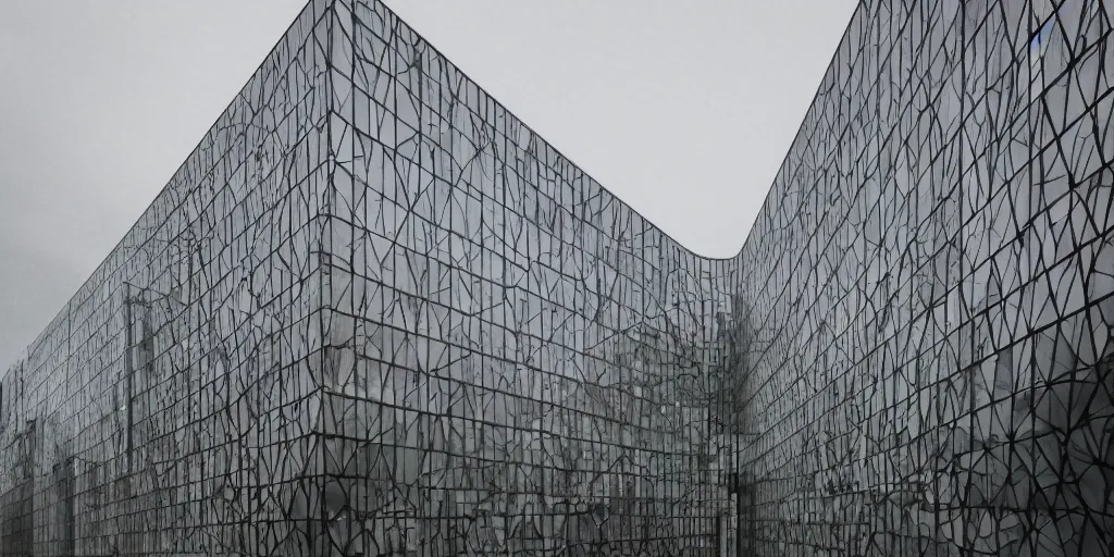 Prompt: cinematic photography of art museum made out of small stained glass panes and white concrete in an urban context, dramatic grey sky, soft natural light, glowing windows, architectural photography, heatherwick studio style, wide angle, color, photoreal