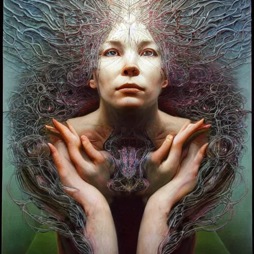 Image similar to bjork by zdzisław beksinski, iris van herpen, raymond swanland and alphonse mucha. highly detailed, hyper - real, beautiful