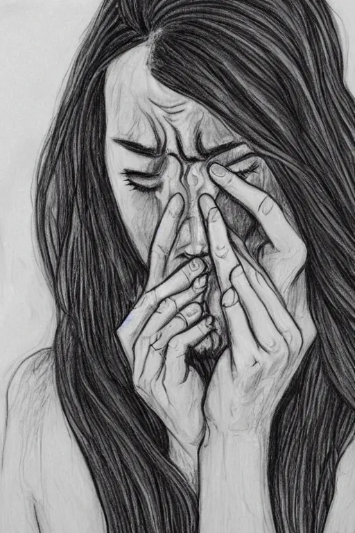 Image similar to woman cryin because toxic relationship, realistic, sketch, colouring and art by jacqueline e