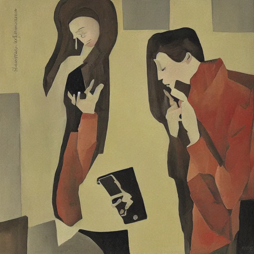 Prompt: a painting of a smartphone by felice casorati