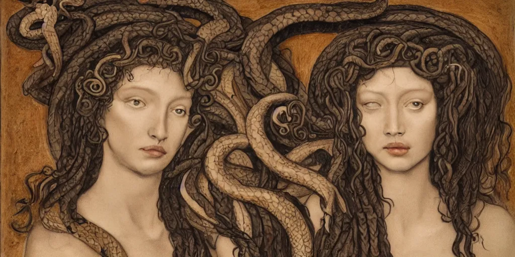 Prompt: realistic portrait of a beautiful medusa with her snakes in the hair, 1450, ink, ultra realistic, 8k