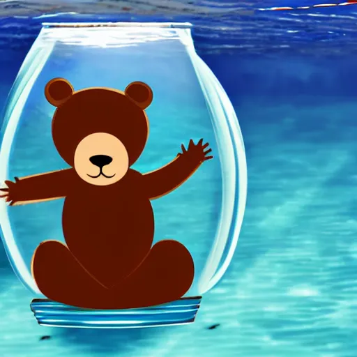 Prompt: a swimming bear inside of a fish bowl