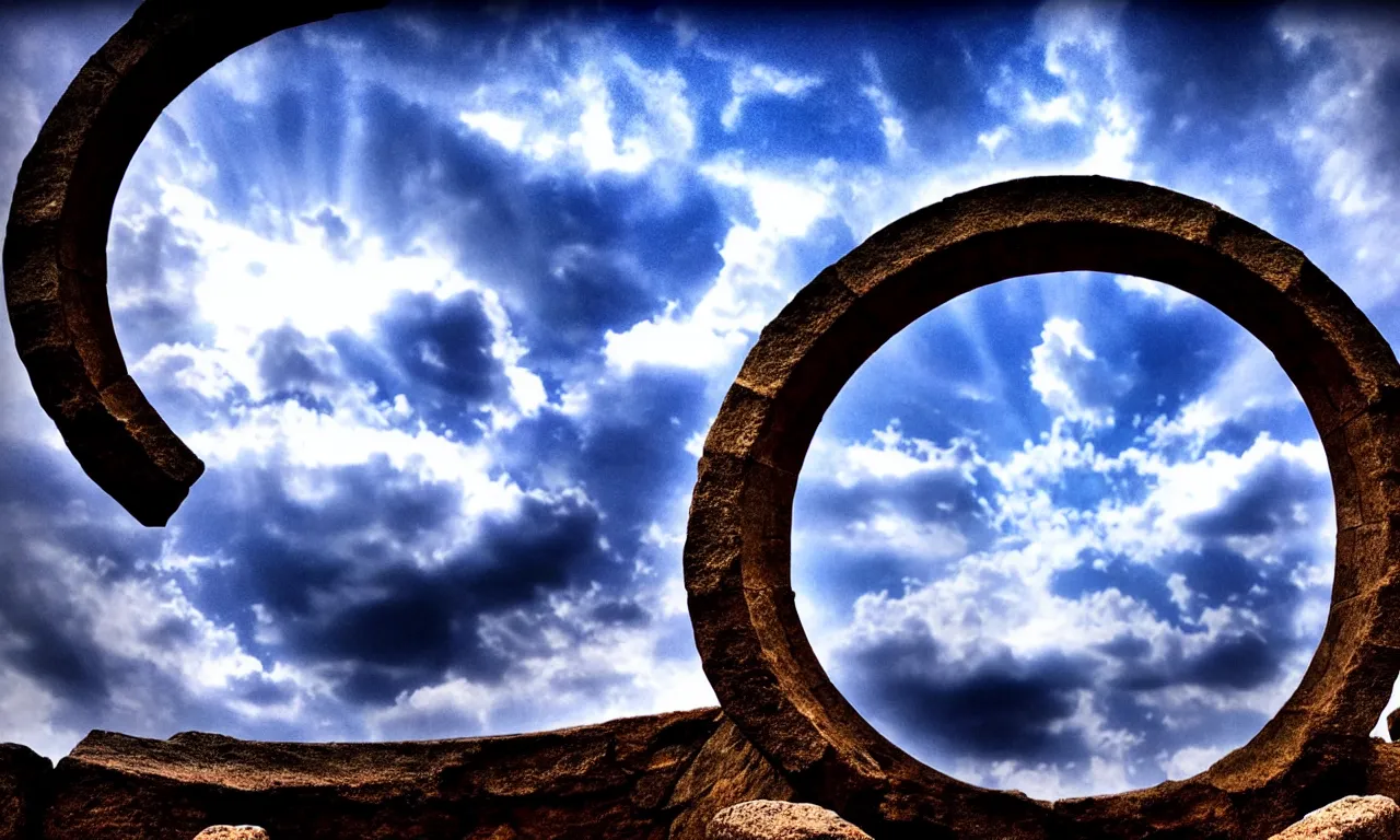 Prompt: round stargate made of stone, cinematic view, epic sky