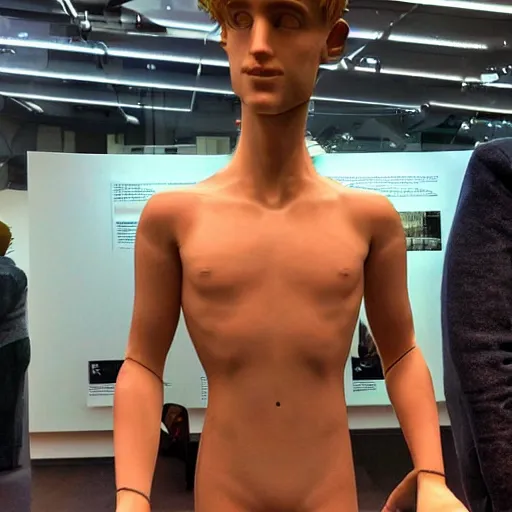 Image similar to “a realistic detailed photo of a guy who is an attractive humanoid who is half robot and half humanoid, who is a male android, British diver Jack Laugher & Chris Mears, shiny skin, posing like a statue, blank stare, at the museum, on display”