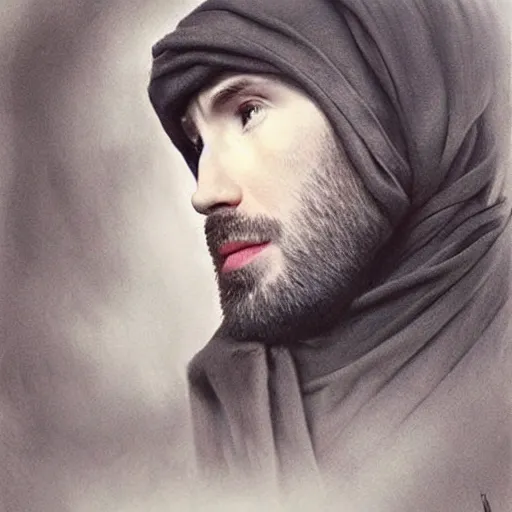 Image similar to chris evans!!!!!! wearing a babushka scarf, charcoal painting by richard mortensen and zdzislaw beksinski, trending on cgsociety, remodernism, matte drawing, zbrush, hyper realism