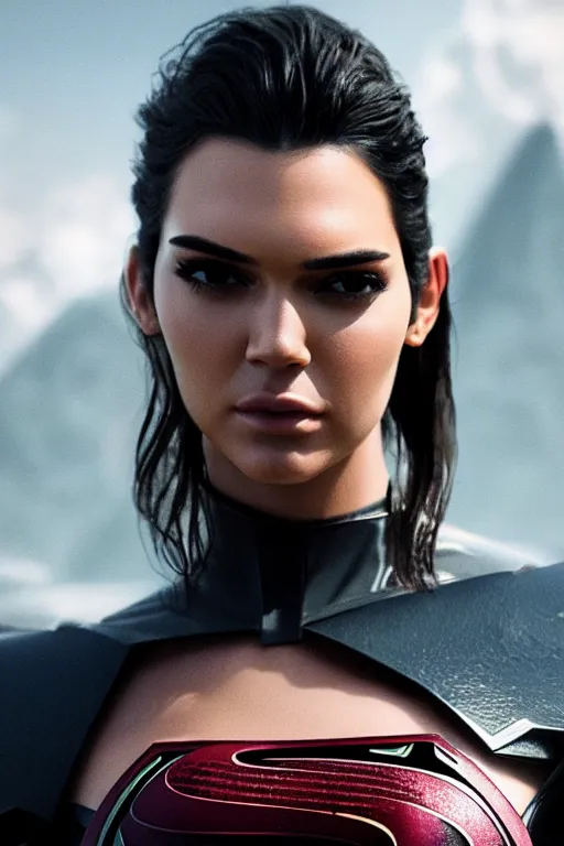 Image similar to a fancy close up of Man of Steel cast as Kendall Jenner by Greg Rutkowski, Sung Choi, Mitchell Mohrhauser, Maciej Kuciara, Johnson Ting, Maxim Verehin, Peter Konig, 8k photorealistic, cinematic lighting, HD, high details, dramatic, trending on artstation, full body shot