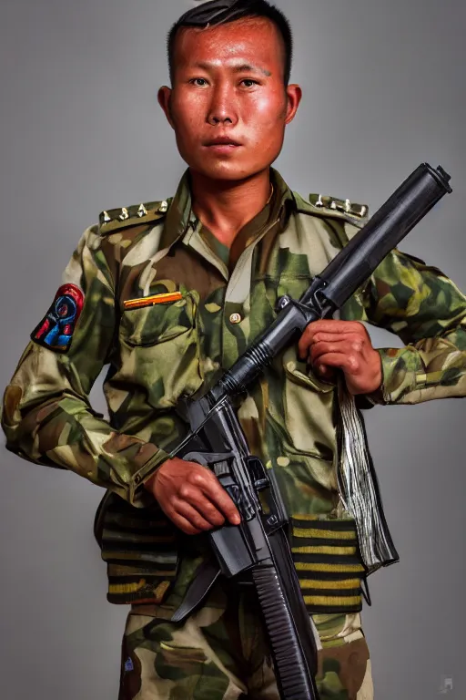 Prompt: a full body photograpah of a burmese rebel soldier, close up photography, f / 2 0, 3 5 mm, 4 k, 8 k, studio lighting, award winning photography