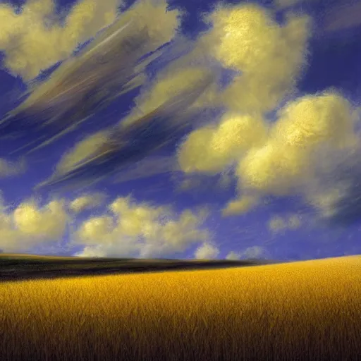 Prompt: beautiful trippy clouds above a wheat field, in the style of craig mullins