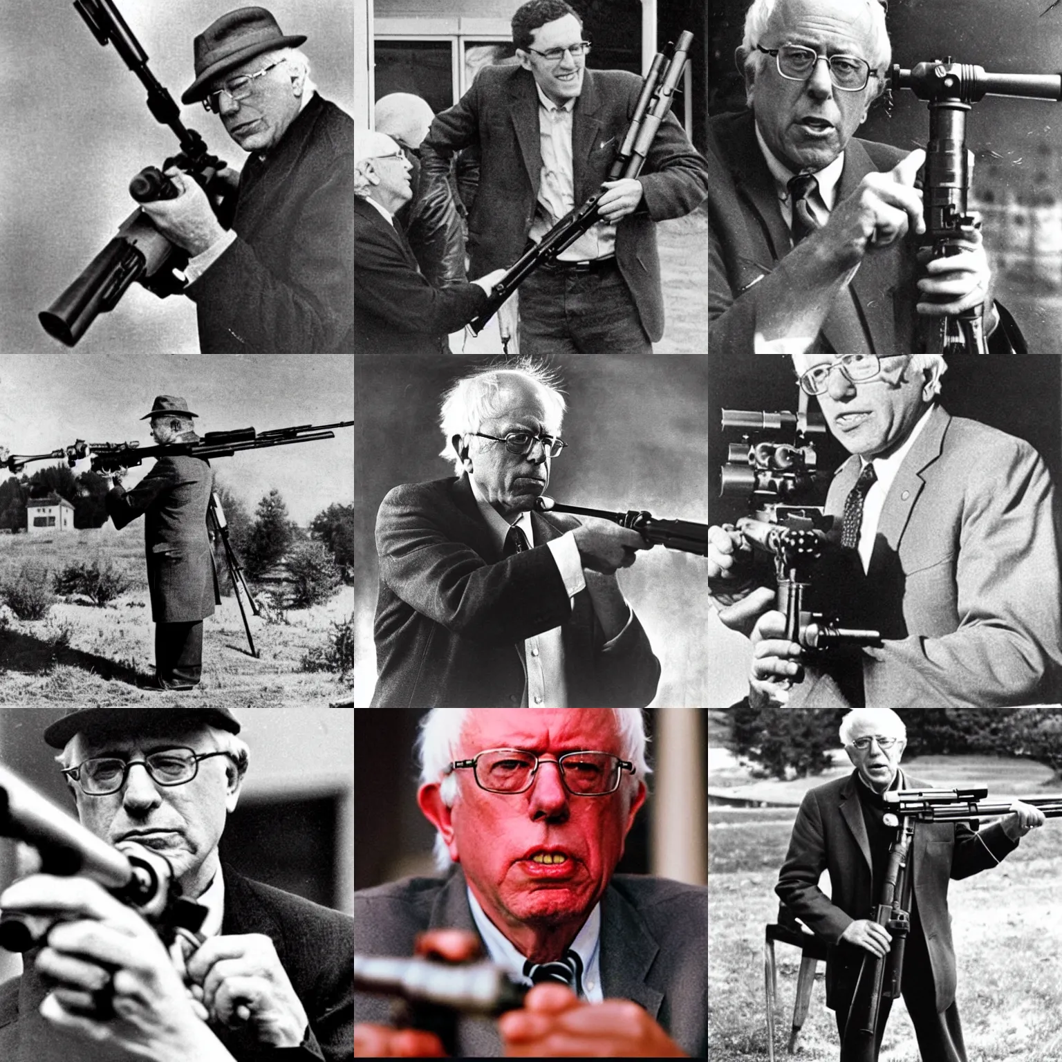 Prompt: historical photo of bernie sanders holding a scoped sniper rifle