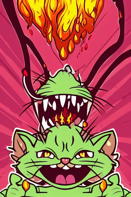 Image similar to Evil kitten, the devil, sticker, blood thirsty, spawn of Satan, burning in hell, blood, evil, colorful, illustration, highly detailed, simple, smooth and clean vector curves, no jagged lines, vector art, smooth