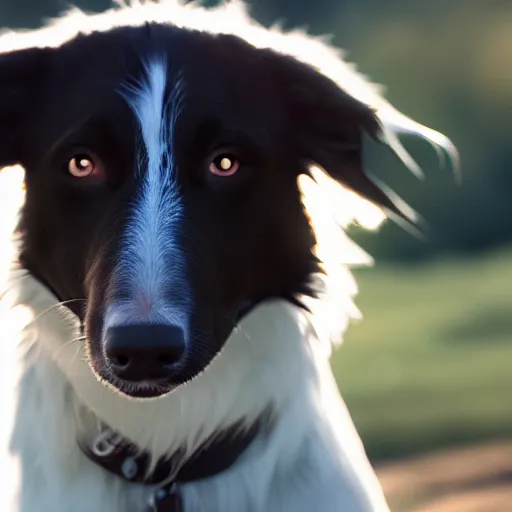 Image similar to Border Collie, splash art, movie still, cinematic lighting, dramatic, octane render, long lens, shallow depth of field, bokeh, anamorphic lens flare, 8k, hyper detailed, 35mm film grain