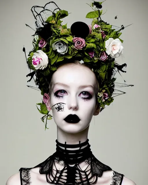 Image similar to dreamy surreal poetic photo of a beautiful young porcelain female-cyborg-vegetal with a very long neck and a super big gothic lace collar filled with dead flies and a very high big floral crown with many black dry roses by Vivienne Westwood:: smoke, high fashion, haute couture, rococo, avant-garde, elegant, dreamy, hyper realistic, 150 mm lens, soft rim light, octane render, unreal engine, picture was taken in 1910 by Dora Maar, volumetric lighting, dramatic light,8k,