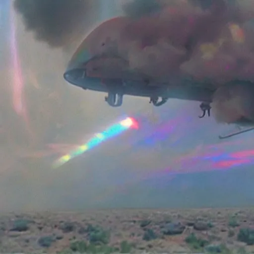 Image similar to combat drone strike war footage, ir, chromatic aberration, broken camera colors, iridescent saturated infrared camera, very high contrast, nuclear cloud, high angle vertical