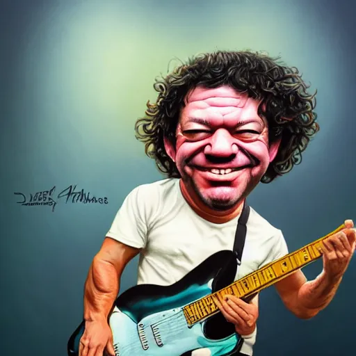 Image similar to Caricature portraits done of Dean Ween playing a guitar live on stage, realistic, hyperrealistic, very realistic, highly detailed, very detailed, extremely detailed, detailed, oil painting, digital art, trending on artstation