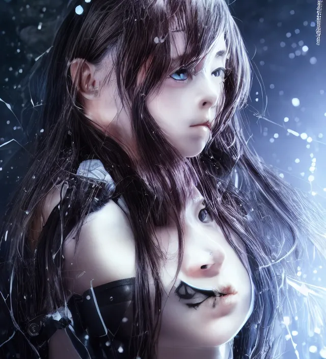 Prompt: hd photo poster portrait of a cute young cosplay girl complicated synaptic particles wires in miura kentaro gantz frank miller jim lee style detailed cinematic depth of field trending award winning on flickr artstation