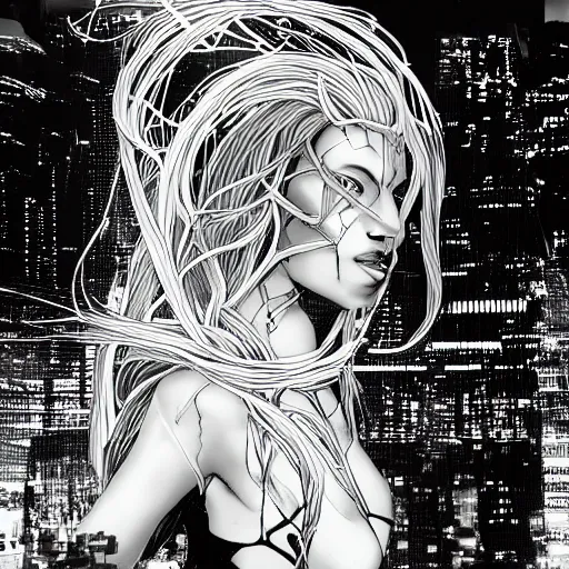 Image similar to highly detailed, black and white, androgynous goddess with flowing hair made of wired and a glowing see through vail type dress, in the background is the remnants of a abandoned modern city falling apart, lifeless and dead