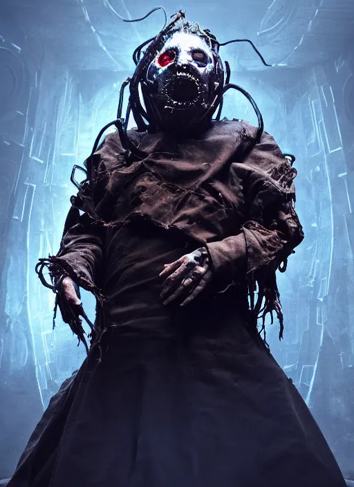 Prompt: character and environment design, ( ( biomechanical ) ) slipknot surrounded by perfect round otherworldly dreamy spheres, tattered!!! beautiful robe and hood, blue light, fog, scary, arrogant, hostile, photorealistic, cinematic, hyper realistic, octane render, 8 k, wide angle