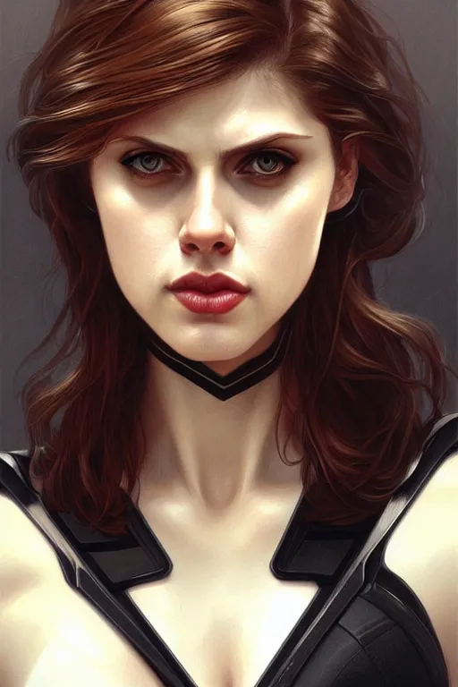 Image similar to alexandra daddario as black widow, realistic portrait, symmetrical, highly detailed, digital painting, artstation, concept art, smooth, sharp focus, illustration, cinematic lighting, art by artgerm and greg rutkowski and alphonse mucha